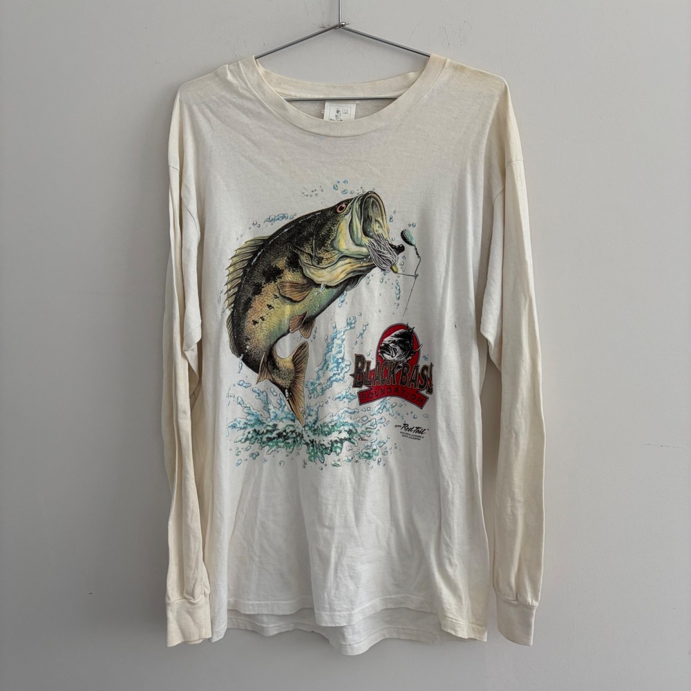 Vintage 1995 Red Tail Black Bass Foundation Long Sleeve Shirt White Mens Large